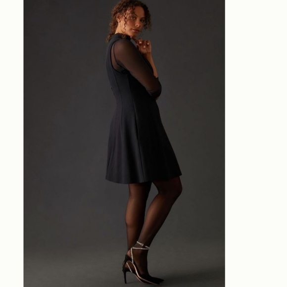 NWT Anthropologie Layered Sheer Mini Dress M Black Long Sleeve Fit & Flare - Picture 5 of 12